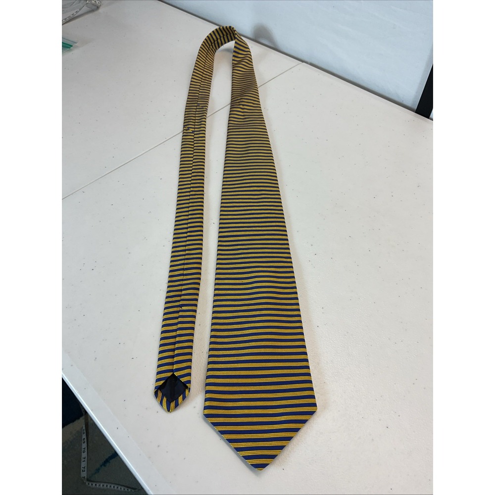 Vtg Brooks Brothers Makers Tie Mens Silk Handmade in USA Blue yellow Striped 56"